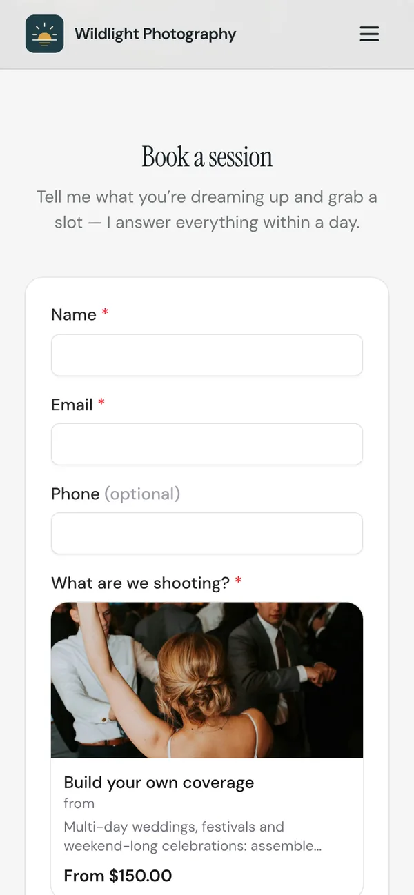 The booking form of the same storefront on a phone