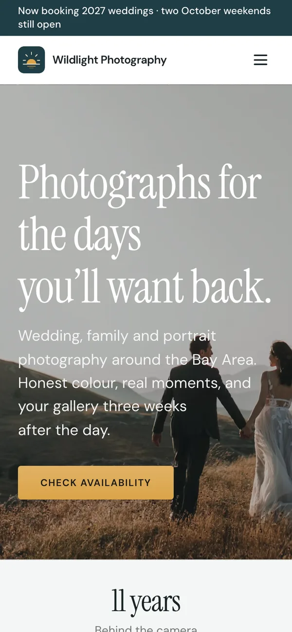 The photography storefront on a phone: announcement bar, header, and the hero with its Check availability button